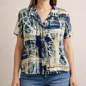 JAMS WORLD "Blueprint" Women Button Front Camp Shirt Abstract Art Blue Size L